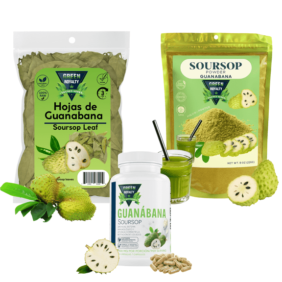 Green Royalty Soursop Wellness Bundle – Leaf Tea, Powder & Capsules | Guanabana Herbal Superfood Pack, Non-GMO, Resealable Bag
