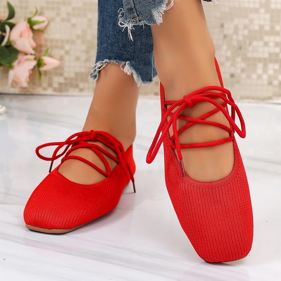 Samdudou Flats for Women Dressy Closed Toe Ribbed Knit Ballet Shoes Elegant Lace Up Ankle Strap Minimalist Footwear for Dance Party Work