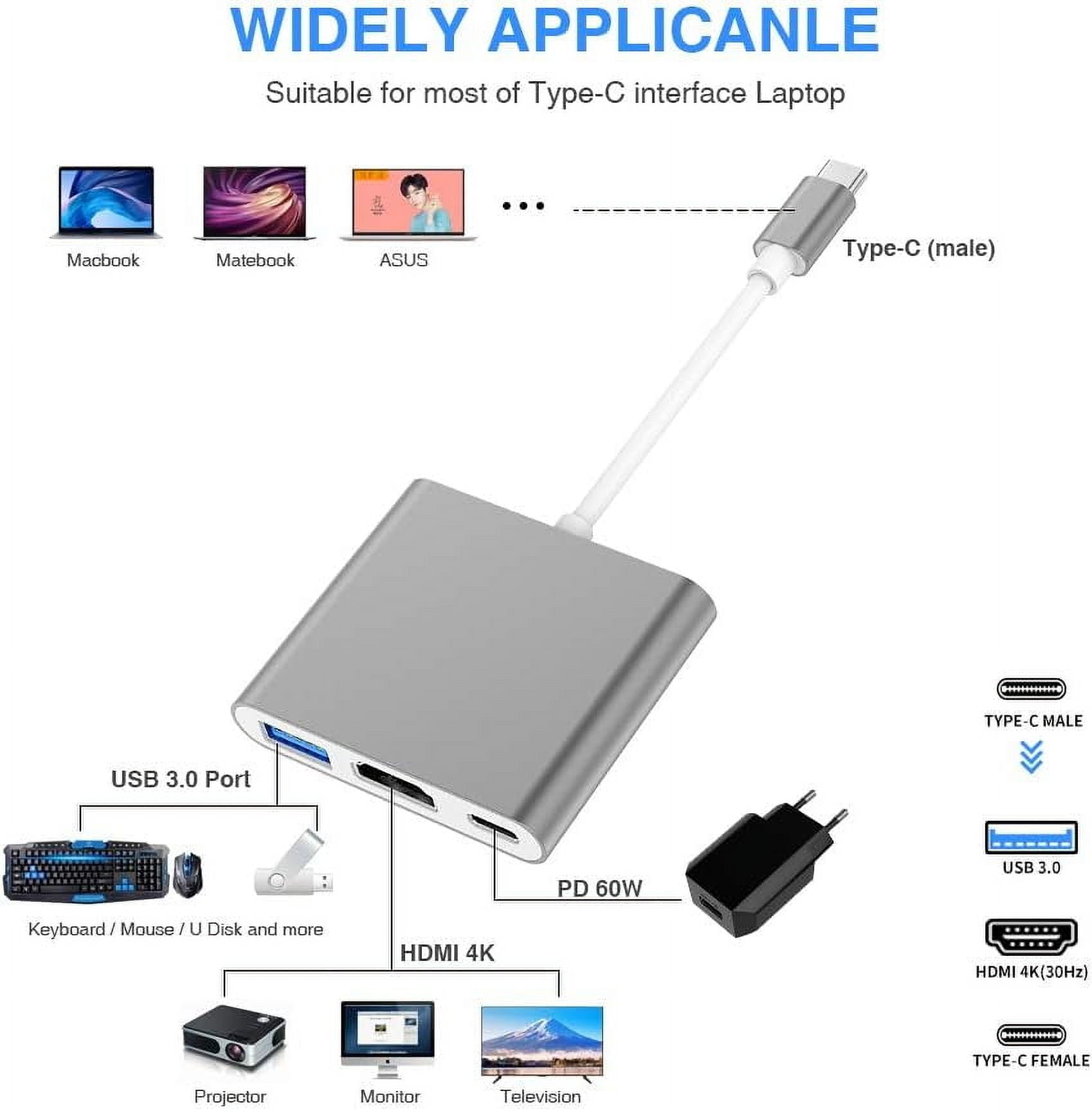 USB C to HDMI Adapter, Type C to 4K HDMI Adapter with 100W PD & USB 3.0 Port Multiport Digital AV Converter for MacBook Pro/air, iPad Pro/air, iPhone 15 and More USB-C Devices (Gray)