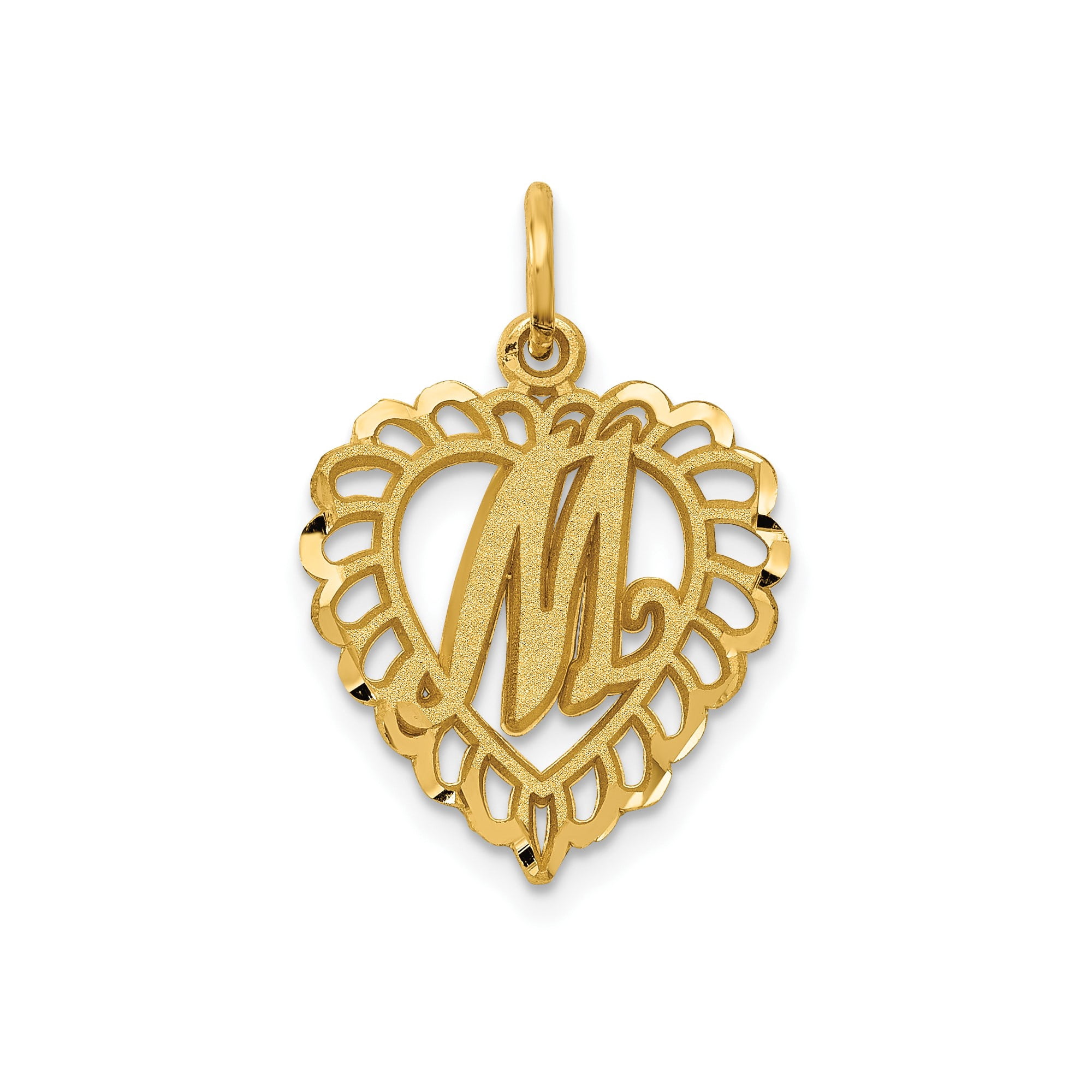 14k Yellow Gold Heart Pendant Necklace with Script M Initial, Filigree Design, Monogram Letter Charm for Women, Personalized Jewelry Symbolizing Love and Identity