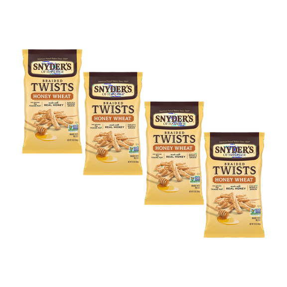 Snyder's of Hanover Pretzels Braided Twists, Honey Wheat, Four 12 Ounce Bags