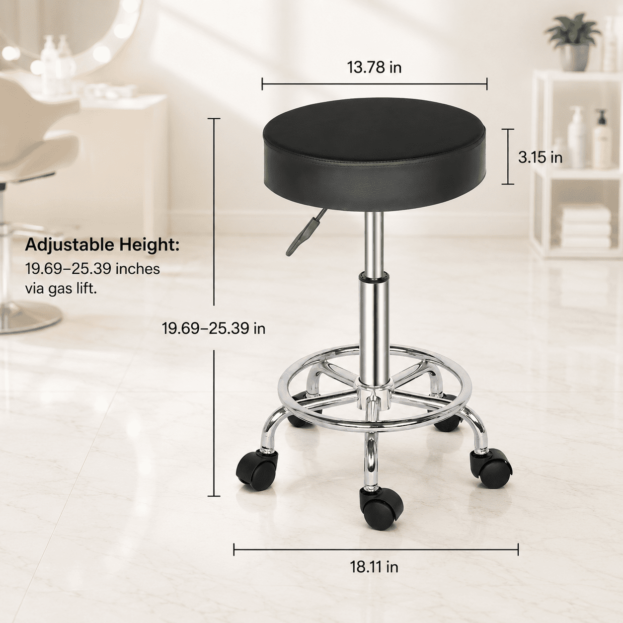 Alvantor Salon Stool with Thick Foam, Adjustable Height, 360 Swivel, Foot Ring, Black