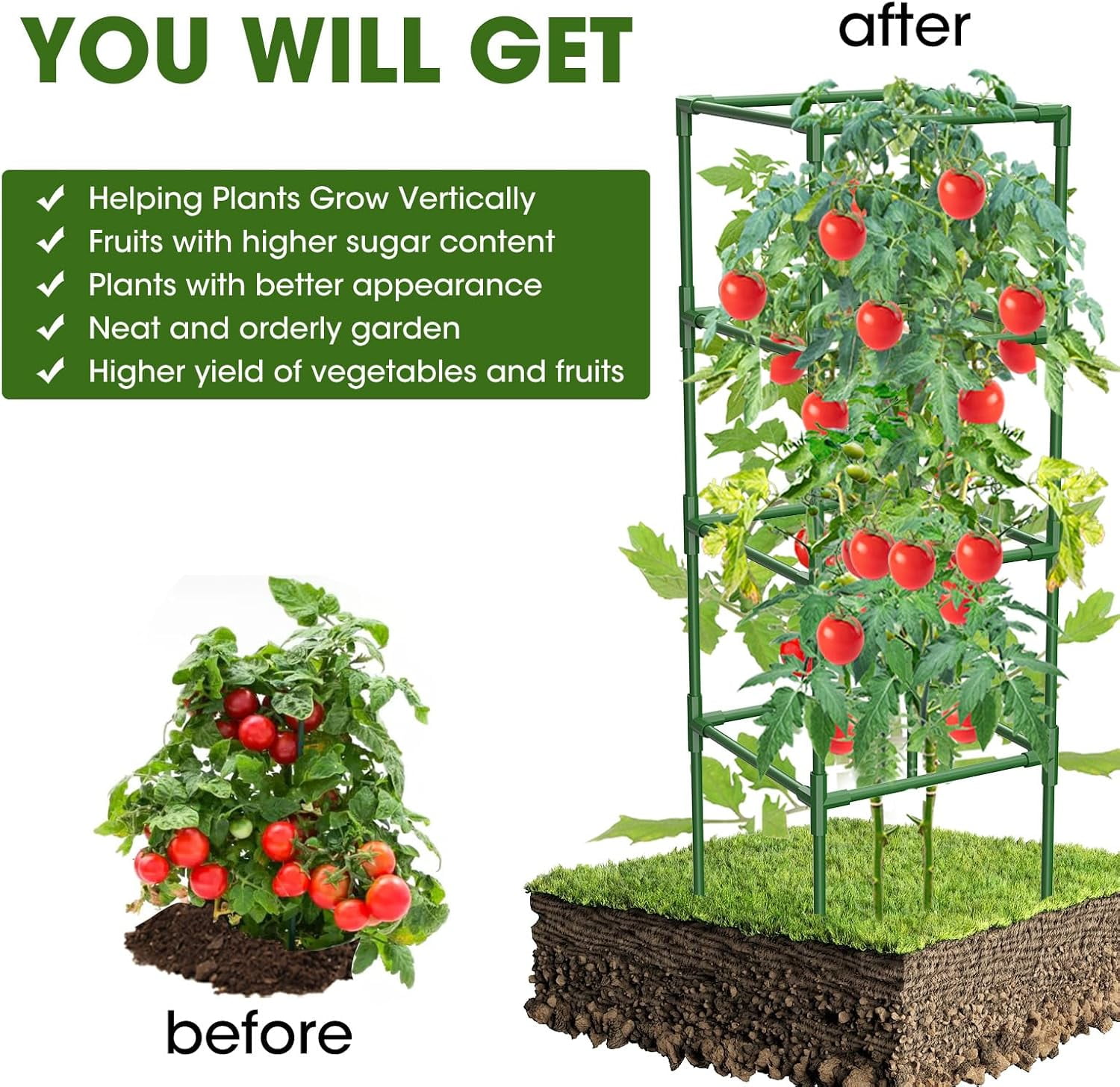 Square Tomato Plant Stakes Support Cages Trellis for Garden Climbing Vegetables, Flowers, Fruits – 3 Pack Tomato Cages, Extra Bold