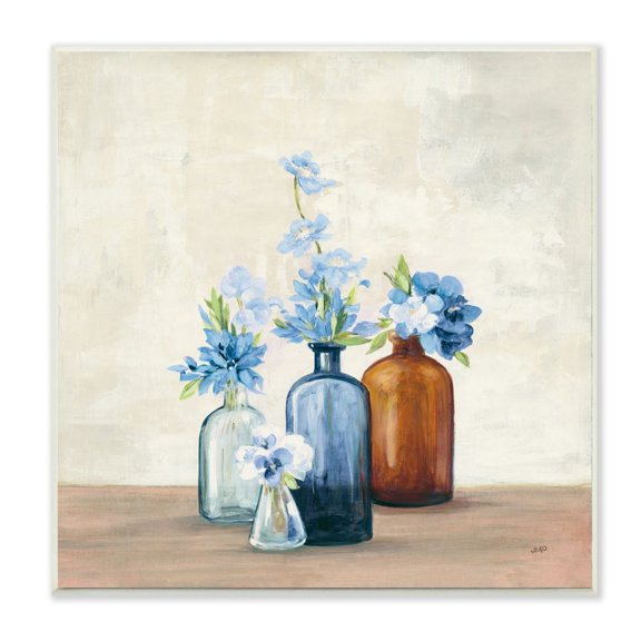 Stupell Industries Blue House Flowers in Jars Country Painting Unframed Art Print Wall Art, 12x12, by Julia Purinton