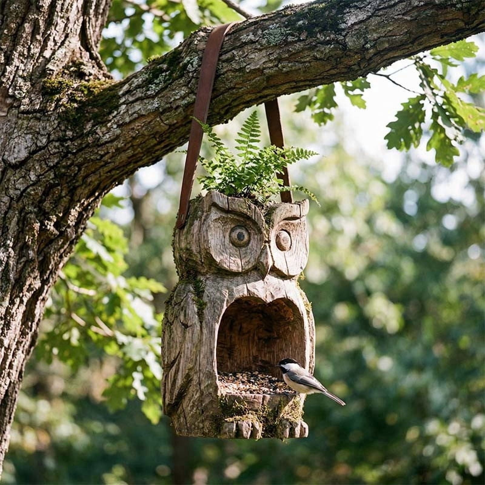 Resin Owl Bird Feeder for Outdoor Garden - Realistic Wood-Look Decorative Wildlife Feeding Station - Weatherproof Hanging Birdfeeder for Backyard & Patio