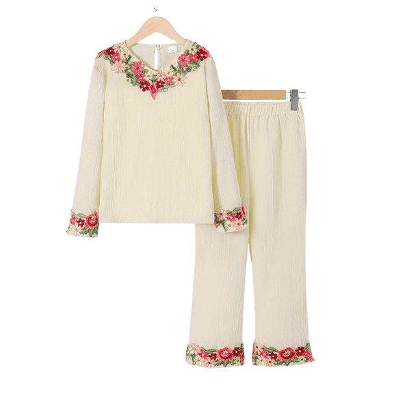 Mikrdoo Tween Girls' 2-Piece Ethnic Woven Set Floral 3D Embroidery Long Sleeve Top & Pants Clothes,As Gift