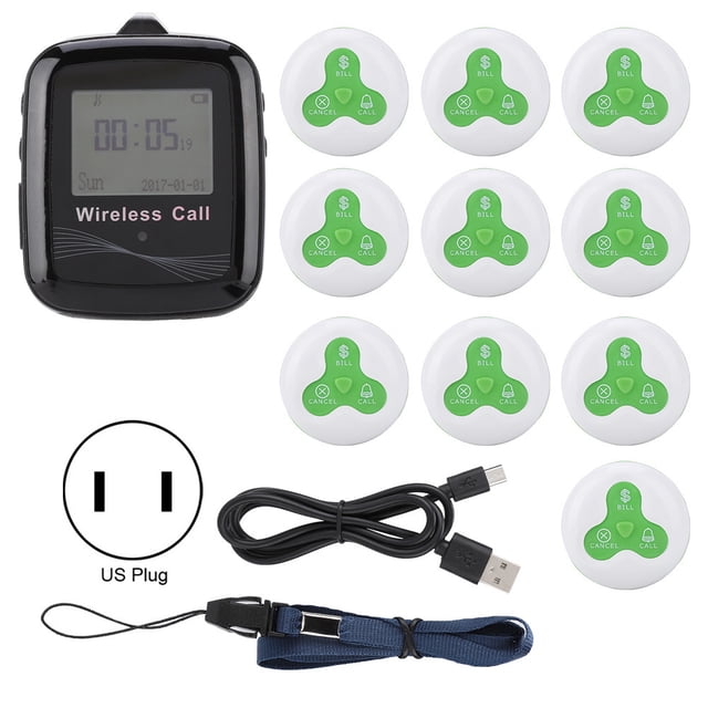 Sistema de buscapersonas para restaurante, receptor móvil negro + 10 buscapersonas de silicona verde y blanco, enchufe estadounidense de 110-240V