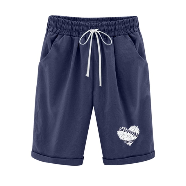 IROINID Shorts Taille Haute pour Femmes, Shorts pour Femmes en Coton et Lin à Imprimé à la Mode, Taille Élastique, Pantalon 5 Pouces à Cordon, Shorts 5 Pouces Bleu Foncé S