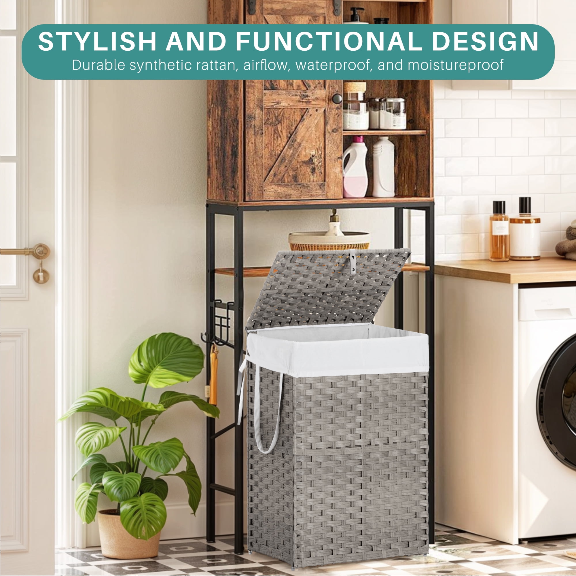 90L Foldable Laundry Hamper with Lid and Removable Liner, Wicker Basket for Bedroom & Bathroom, Gray