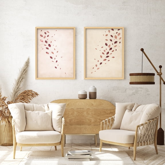 Framed Print Wall Art Set of 2 - Leaves Poster Art - 2 Pieces Floral Botanical Modern Wall Decor for Living Room - 12"x16"x2 Natural