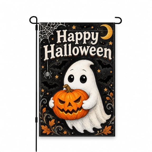 Happy Halloween Garden Flag, Ghost & Pumpkin Design, 12 x 18 Inch, Seasonal Yard Decor for Lawn, Patio, Porch - Perfect for Outdoor Halloween Display