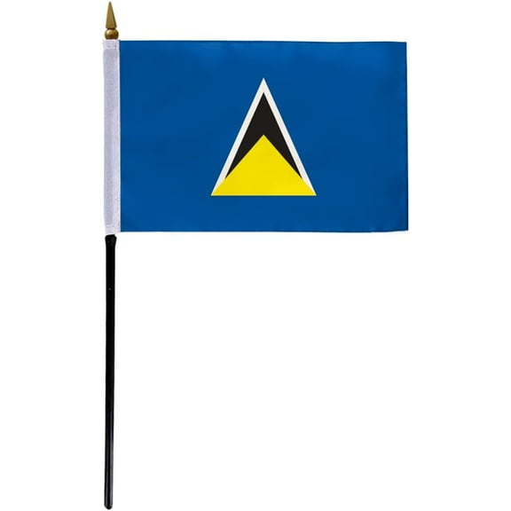 AGAS St Lucia Flag 4x6 inch - 11" Plastic Pole 100% Outdoor Polyester Stitched Edges St Lucian Carribean Island Mini Flag on a Stick