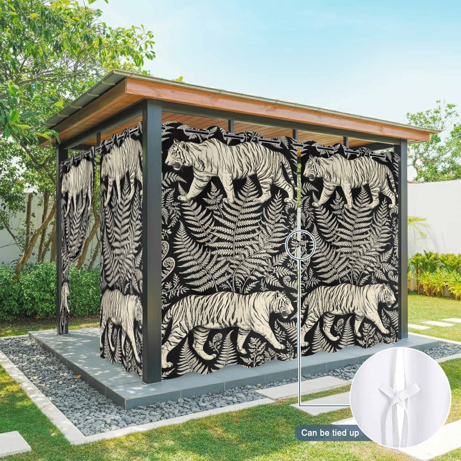 Jungle Tiger Fern Outdoor Curtains for Patio, Black and Beige Tropical Leaves Wildlife Sunshade Privacy Drapes Grommet Waterproof Outside Curtains for Porch/Cabana/Balcony 54"x 108", 1 Panel