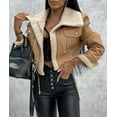 thumbnail image 3 of xxxiticat Women's Faux Fur Shear Jacket Sherpa Lined Winter Warm Lapel Long Sleeve Zipper Motorcycle Cropped Coat Outwear(KH,M), 3 of 4