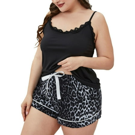 

ebukurty Women s Plus Size 2 Piece Pajama Set Lace Cami Top and Leopard Shorts 4XL