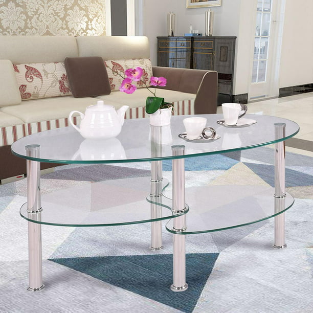 Ktaxon Clear Glass Oval Side Coffee, Glass And Chrome Side Tables For Living Room
