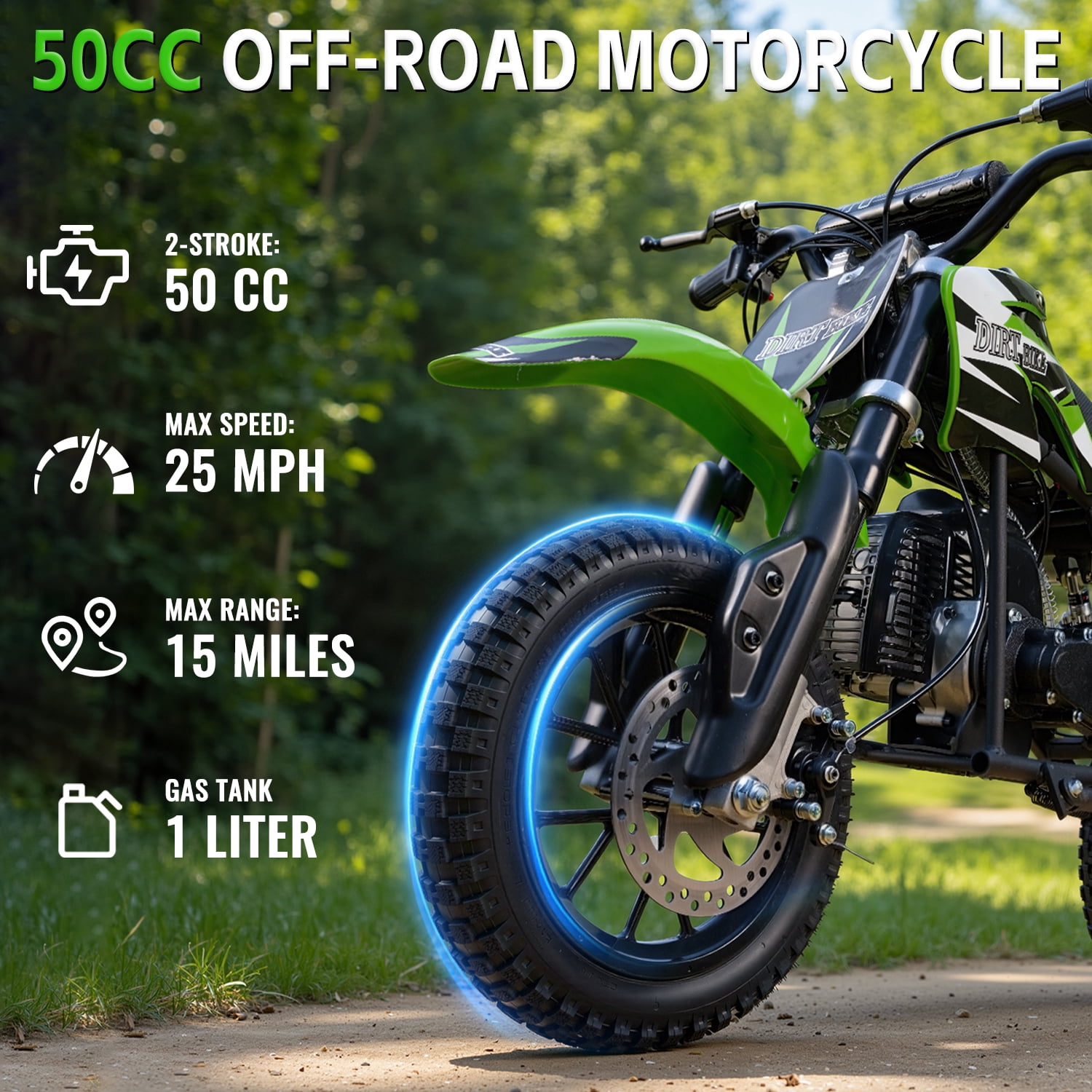 TOXOZERS 50cc 2-Stroke Dirt Bike ,Off-Road Mini Bike for Kids Ages 8+, Pit Bike with Safety Kill Switch, 25mph, 150 lbs, Green