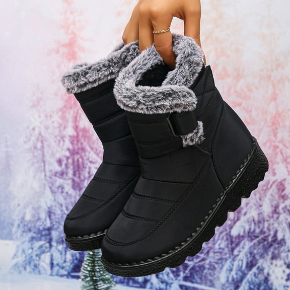 Black Womens Snow Boots Fleece Lined Adjustable Strap Thickened Anti Slip Tread Sole Solid Color Mid Calf Warm Casual Light Daily Outdoor Shoes Size 36