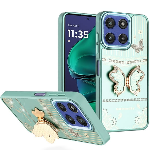 For Moto G Stylus 5G 2026/2025 Splendid Glitter Butterfly Design Stand with Metallic Edges Hybrid Case - Teal