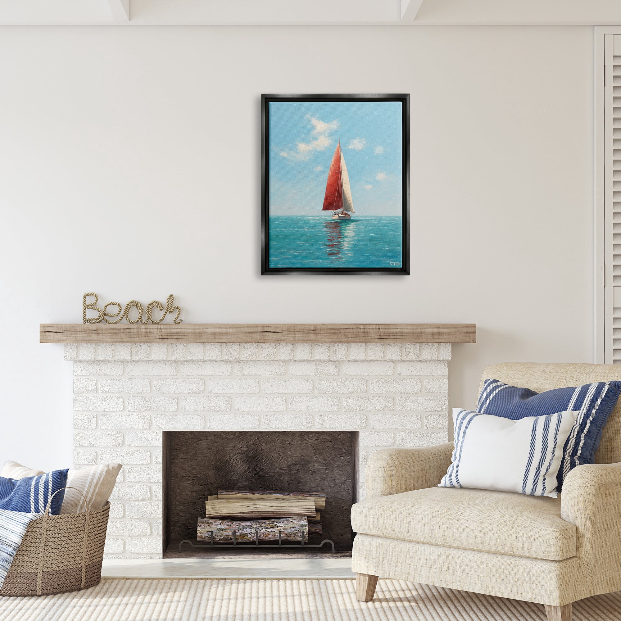 Stupell Industries Red Sailboat on Sea Transportation Painting Black Floater Framed Canvas Art Print Wall Art, 25 x 31