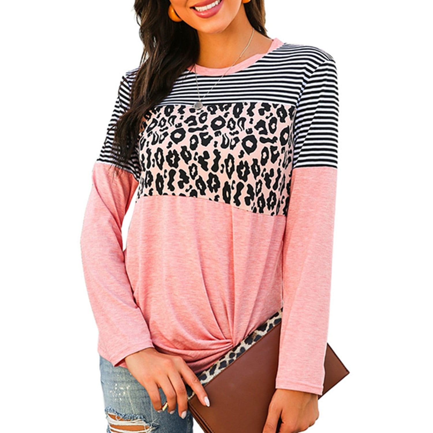 SNOWINSPRING Women Striped Leopard Stitching T-Shirt Round Collar 