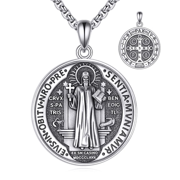 Saint Benedict Necklace for Men Women 925 Sterling Silver Christian Sacramental Medal Pendant Amulet St Benedict Protection Jewelry Catholic Gifts for Family Friends