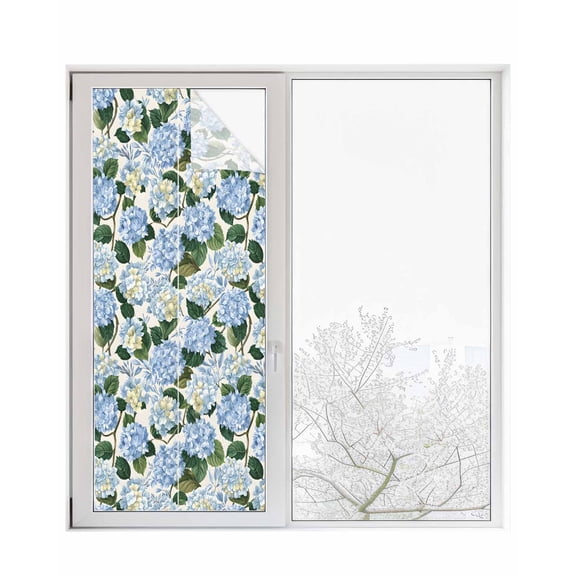 Window Privacy Film Blue Spring Floral Stained Glass Window Film Decorative Sun Block Window Cover Watercolor Flowers Pastoral Window Clings Static Adhesive Sticker for Bathroom 23.6"x59"