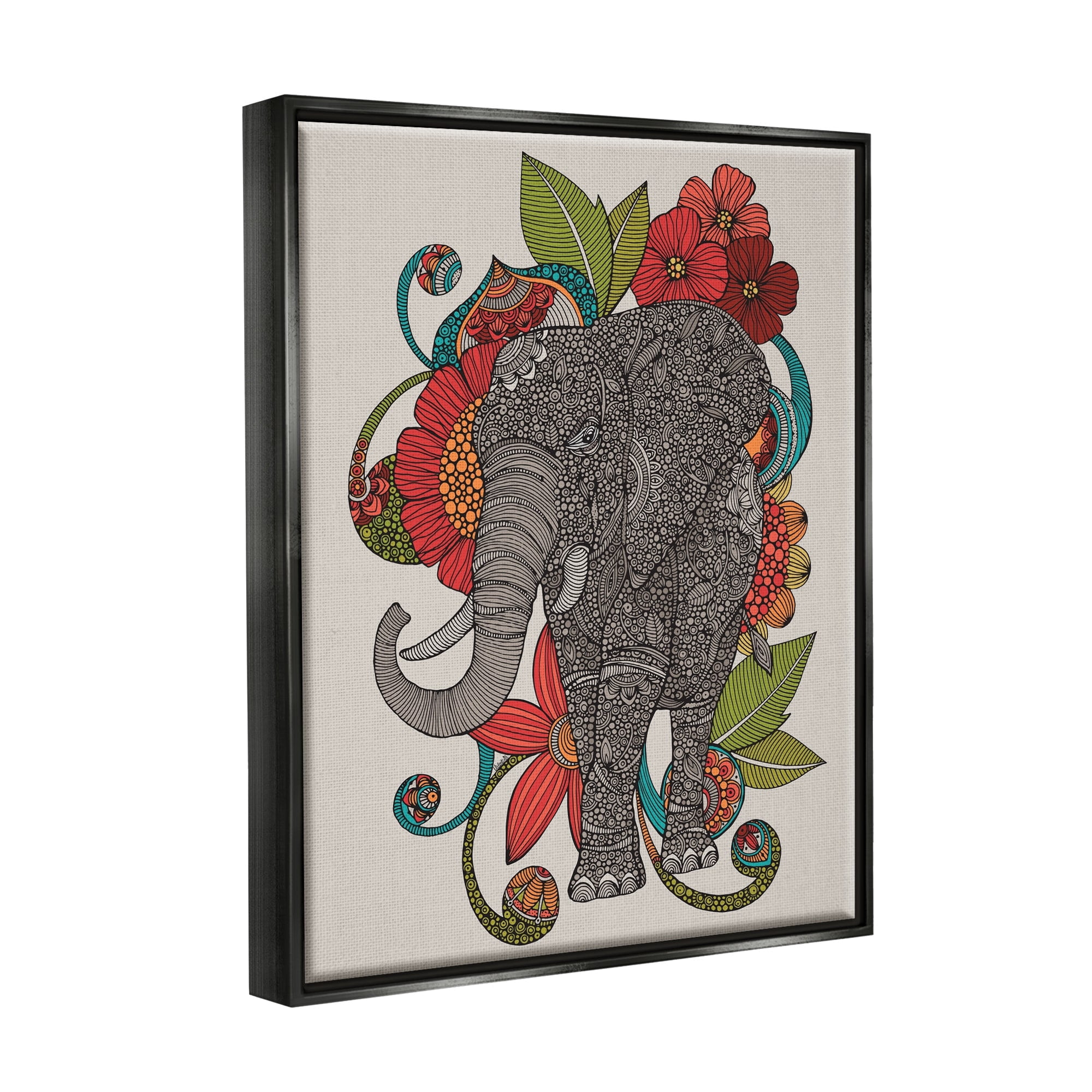 Stupell Industries Wild Elephant Surrounded Elaborate Flower Mandala Patterns Graphic Art Jet Black Floating Framed Canvas Print Wall Art, Design by Valentina Harper