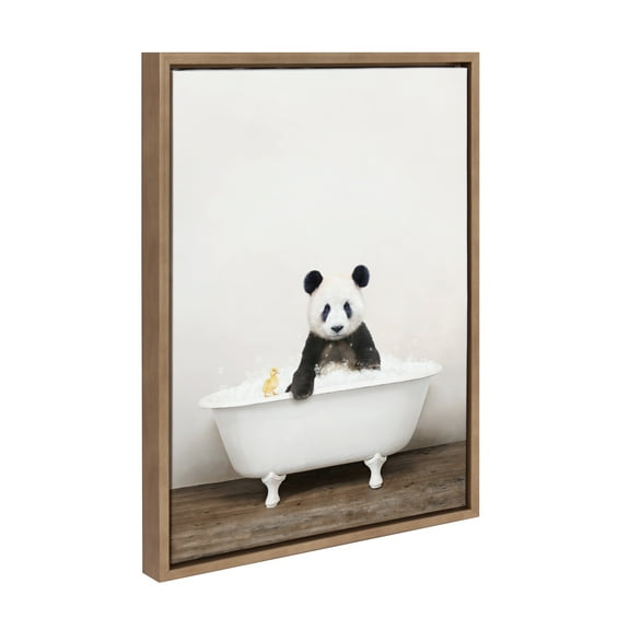 Kate and Laurel Sylvie Panda Waving in Rustic Bath Framed Canvas Wall Art by Amy Peterson Art Studio, 18x24 Gold, Modern Fun Decorative Bathtub Wall Art for Home Décor