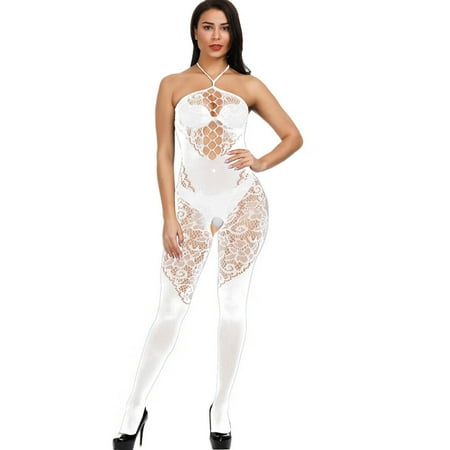 

Intimates Women Sexy Halter Lingerie Fishnet Bodystocking Underwear Nightwear Chemises Bodysuits Garter Spandex Simple Long Sleeve Shirts for Women White