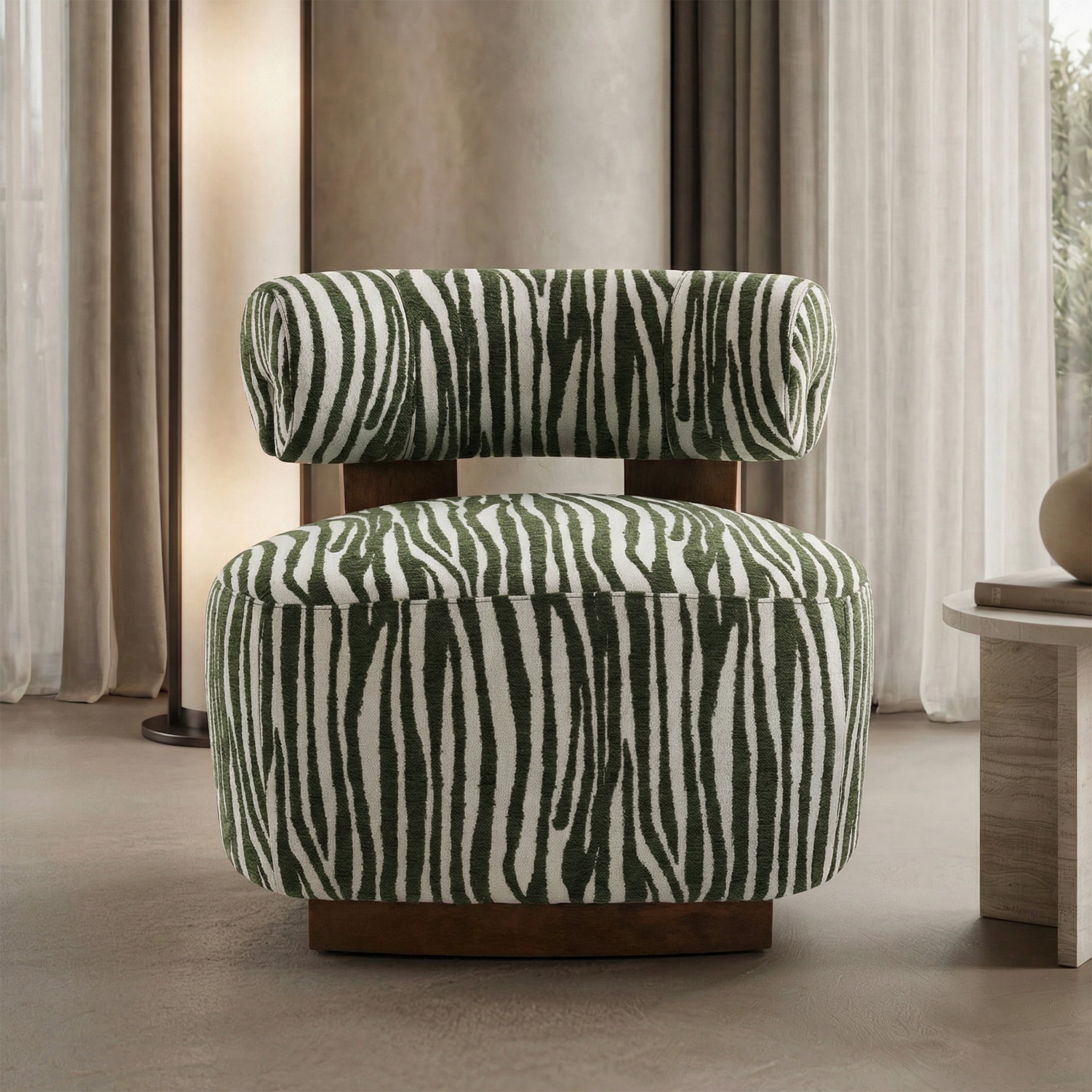 Aukfa Modern Chenille Accent Chair with Zebra-Stripe, Cylindrical Backrest for Living Room, Green