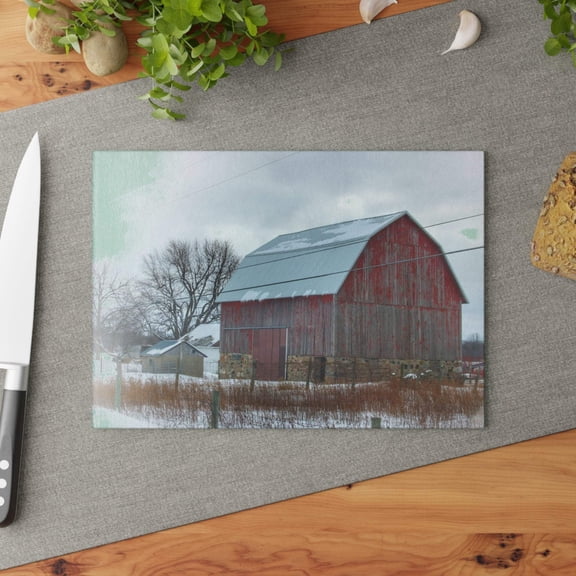 U R There Photography Lake Pleasant Stone Red and Little Grey Rustic Farmhouse Tempered-Glass Cutting Board 8"x 11"