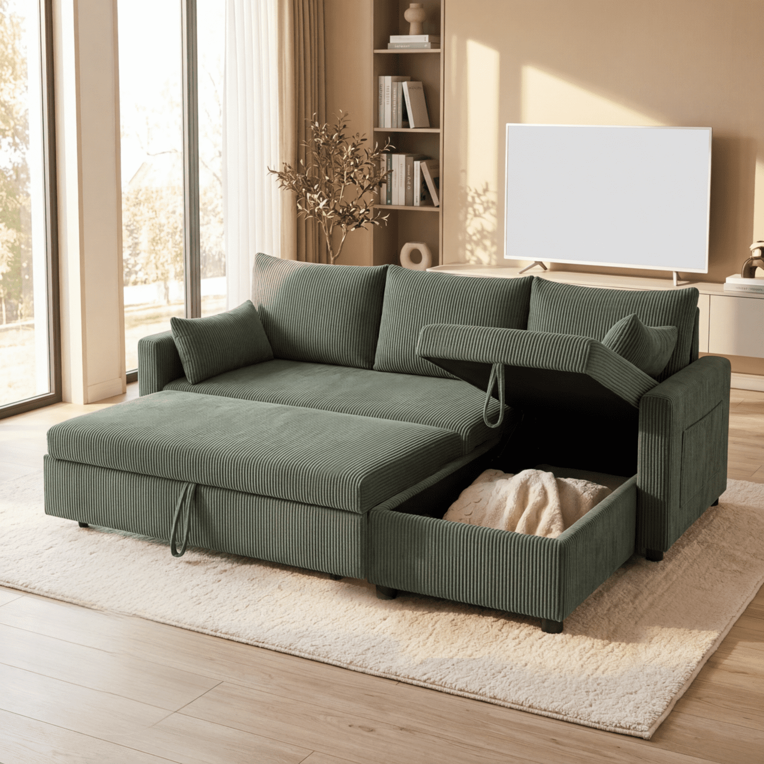 Leumius Sectional Sofa with Pull Out Sofa Bed,L Shaped Corduroy Sofa Couch with Storage Chaise,3 Seater Convertible Sectional Couch for Small Living Room, Apartment, Office,Olive Drab