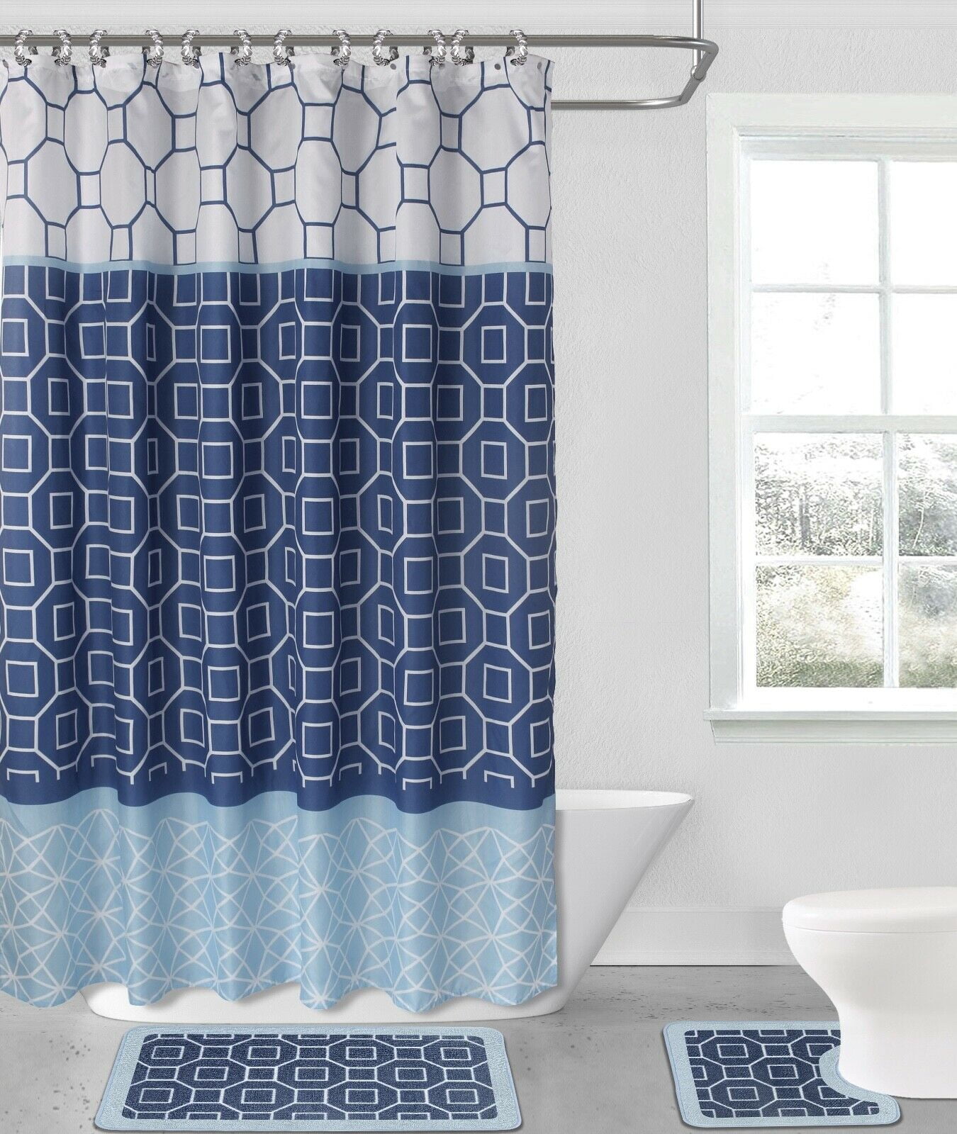 15PC DIAMOND NAVY/ LIGHT BLUE HIGH QUALITY Jacquard Bathroom Bath Rug