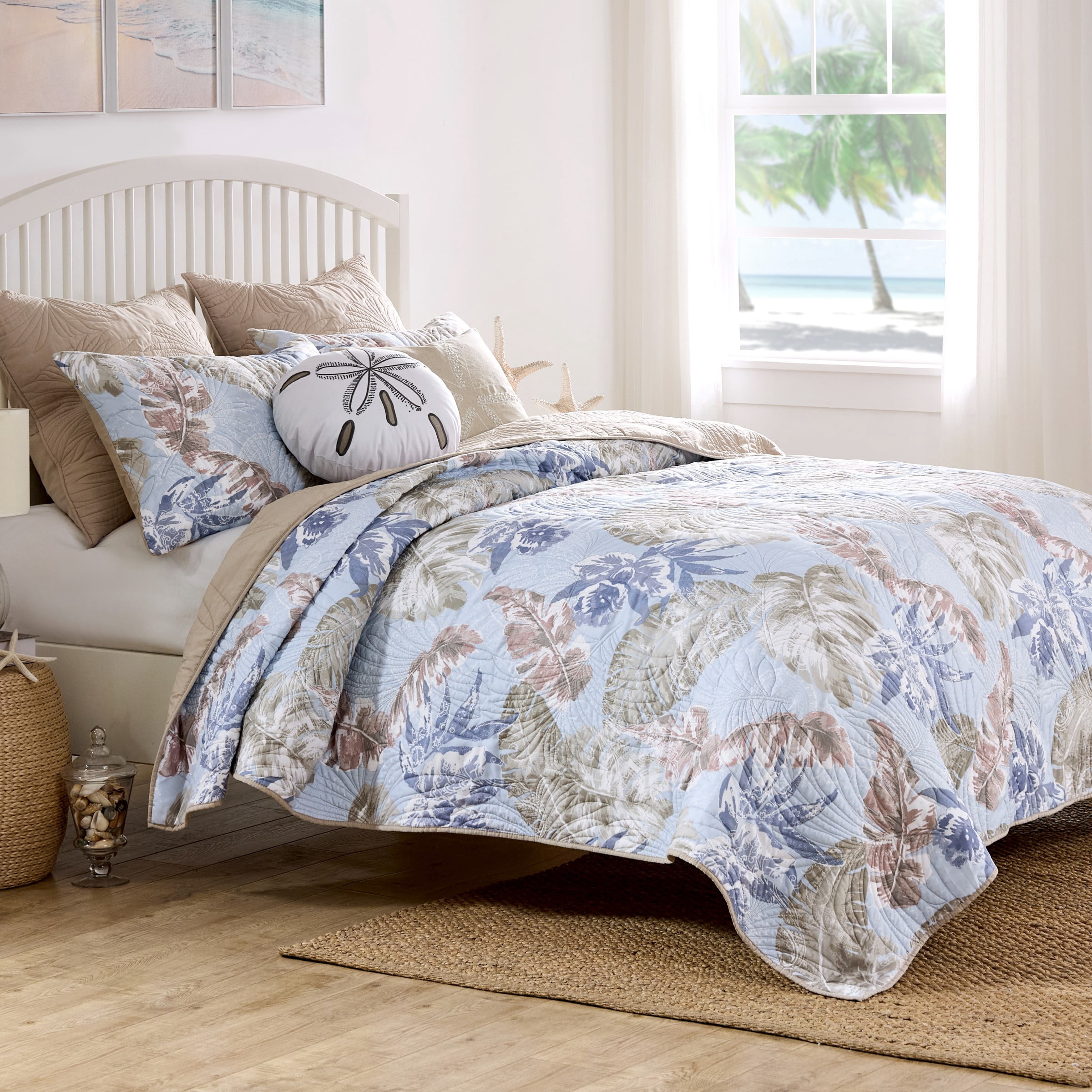 Greenland Home Fashions Tropics Coastal Paradise Quilt Set, 3-Piece Full/Queen, Mist