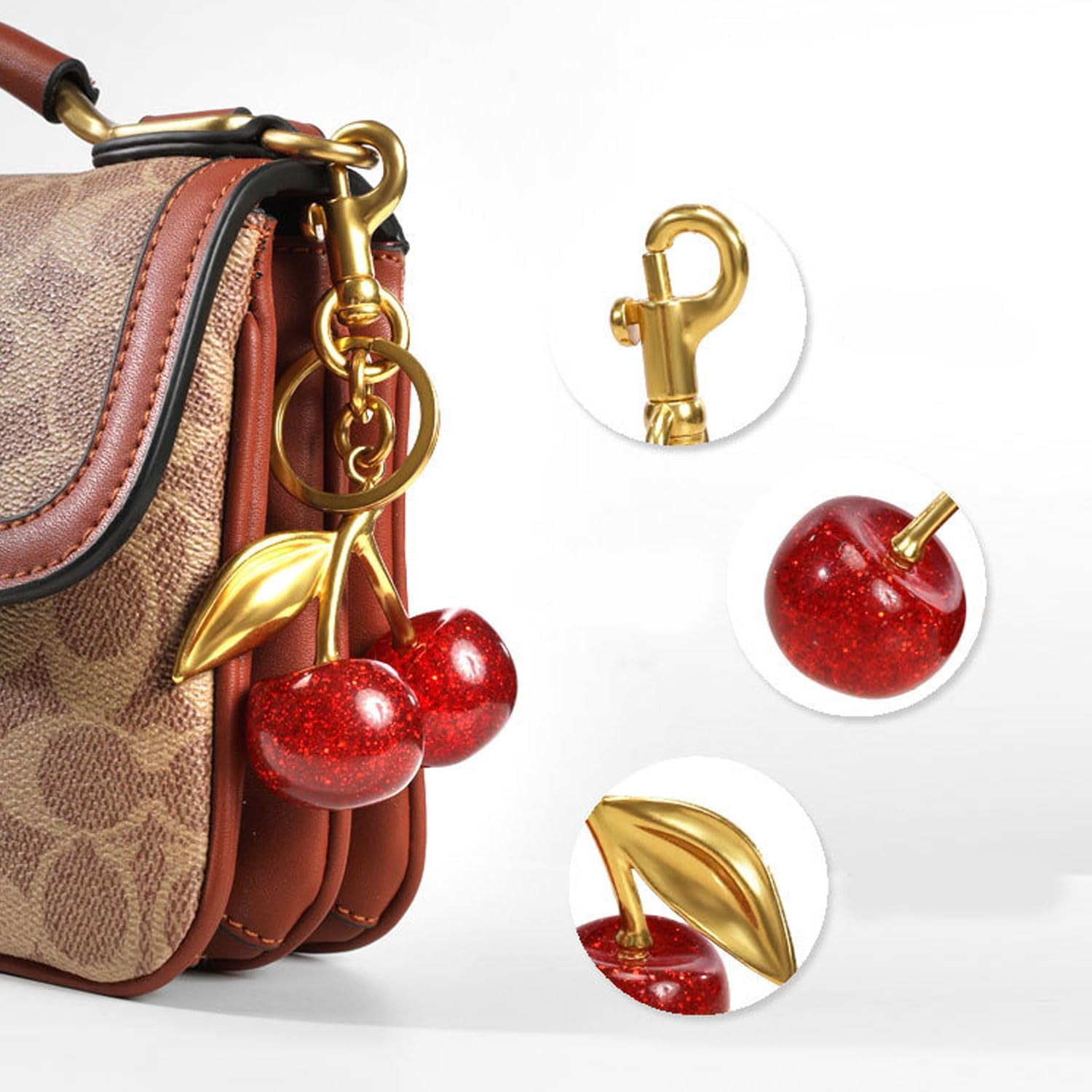 Cute Cherry Bag Charm for Purses and Bags,Fashionable Red and Gold Cherry Keyring,Keychain Decoration,5,5,Red