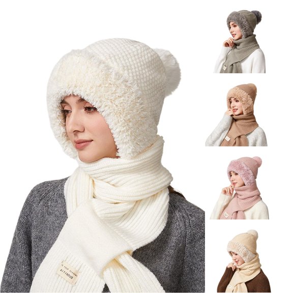 Daznico Waffle Knit Pom Pom Beanie and Ribbed Knit Long Scarf 2 Piece Set Lined Thermal Winter Accessories for Ladies Daily Outdoor Activities in Cold Weather