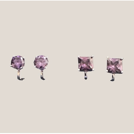 2 Pairs clip on small silver round and square purple stone earrings