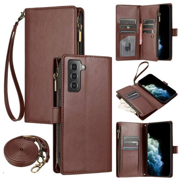 Wallet Case Compatible with Samsung Galaxy A52 4G/5G, Premium PU Leather Zipper Flip Wallet with Lanyard and Shoulder Strap Magnetic Closure Built-in Kickstand Protective Zipper Case - Brown