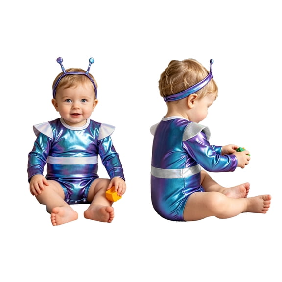 iiniim Toddler Space Explorer Romper Baby Boys Girls Alien Outfit with Antenna Headband Sparkly Playsuit Blue 6-12M