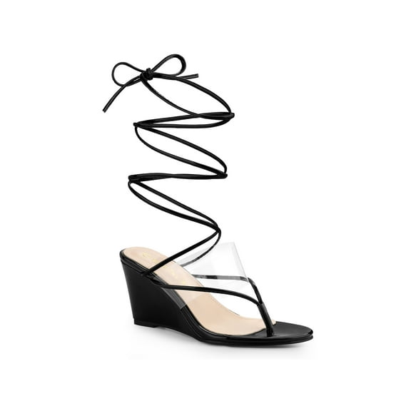 BLISSFUL STEP Women's Lace Up Clear Strap Flip Flops Wedge Sandals Black 7
