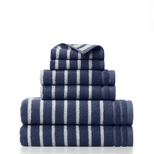 Gap Home Easy Stripe Organic Cotton 6 Pack Bath Towel Set, Navy/White