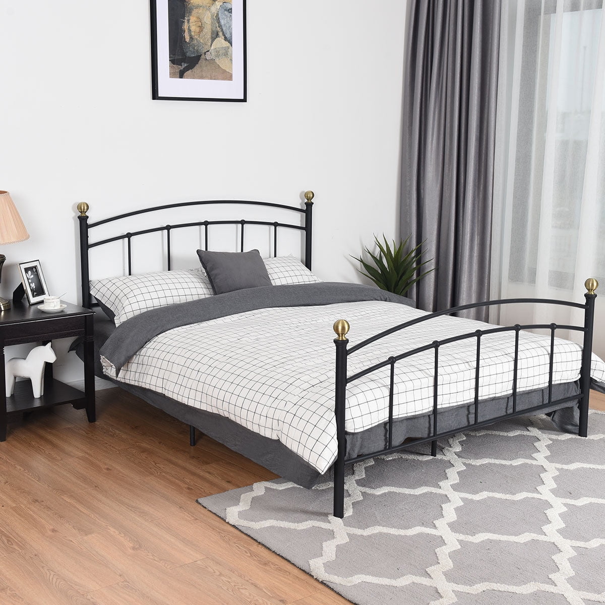 Gymax Queen Size Metal Bed Frame Platform Slat Support Headboard Footboard
