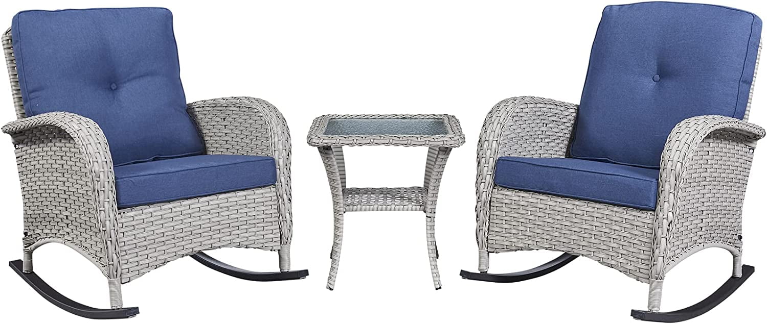 Rilyson Wicker Rocking Chair Swivel Chairs 3PC Rocker Outdoor Furniture Set Rattan Patio Bisro