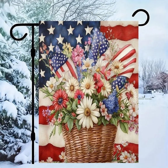 RKSupls Patriotic Linen Double Sided Garden Flag, Independence Day Themed Yard Decor, Floral Basket Daisies Flags Outdoor Banner for Holiday Lawn