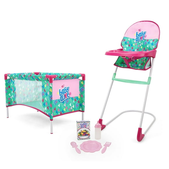 Baby Alive: at Home Set - 7pcs - Green, Pink, Hearts - Play Yard, Highchair, Feeding Accessories, Playset for Dolls Up to 18", Kids Toy, Ages 3+