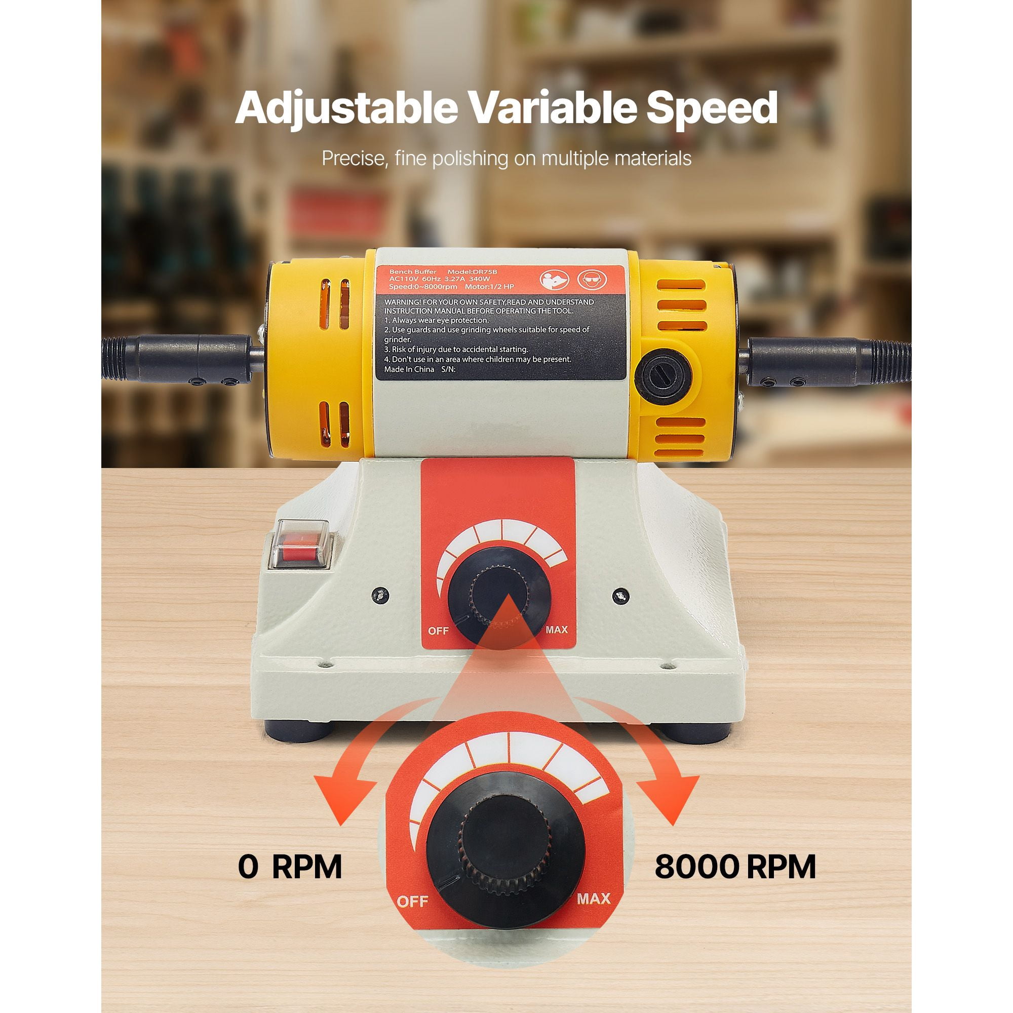 Bench Buffer Polisher 1/2 horsepower, 0-8000 RPM Bench Top, w/ 2x4" Cotton & 3x3" Abrasive Wheels, Compound for Metal/Jewelry/Wood