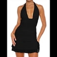 thumbnail image 1 of Vestido Corto Ajustado con Escote en V Profundo y Fruncido para Mujer, con Abertura Lateral y Dobladillo de , para Fiesta y Club, de Verano Negro L, 1 of 9