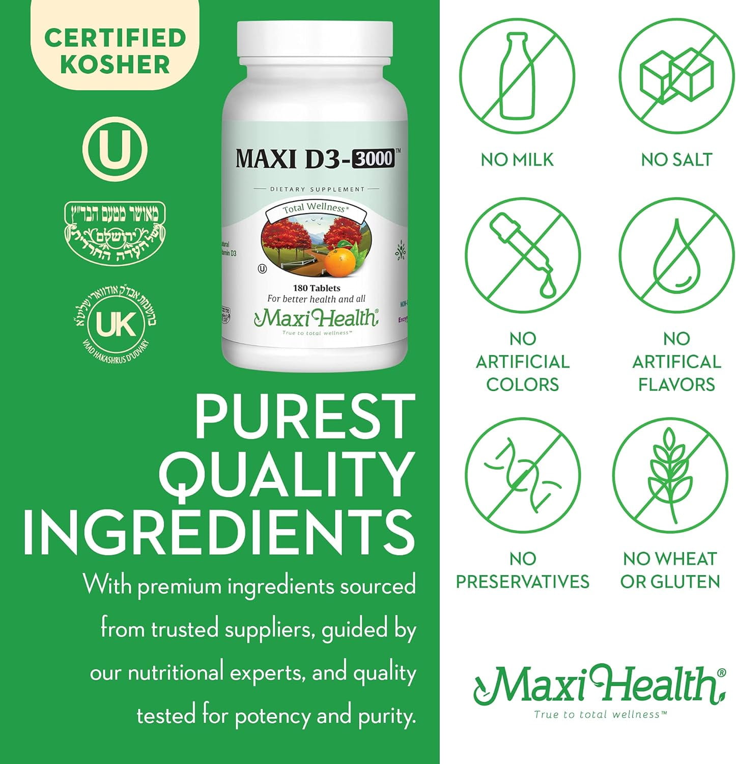 Maxi Health Vitamin D3 3000 IU – Bone & Immune Support Supplement – 180 Tablets – For Adults – Kosher