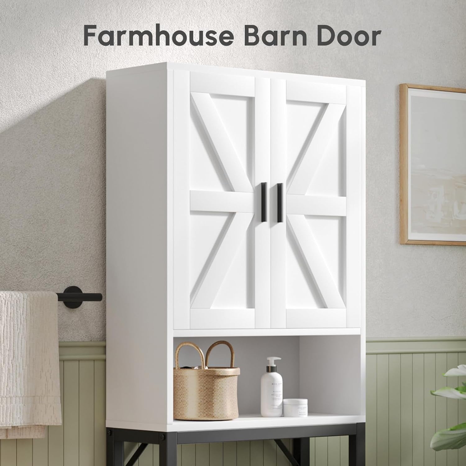 Fil-fresh Over The Toilet Storage Cabinet, Bathroom Organizers and Storage with Barn Doors, Thicken Metal Stand & MDF Wood Above Toilet Storage Cabinet, Freestanding Space Saver, White
